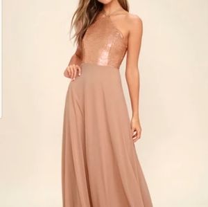 Lulus The Best Part Matte Gold Sequin Maxi Halter Dress Size Small